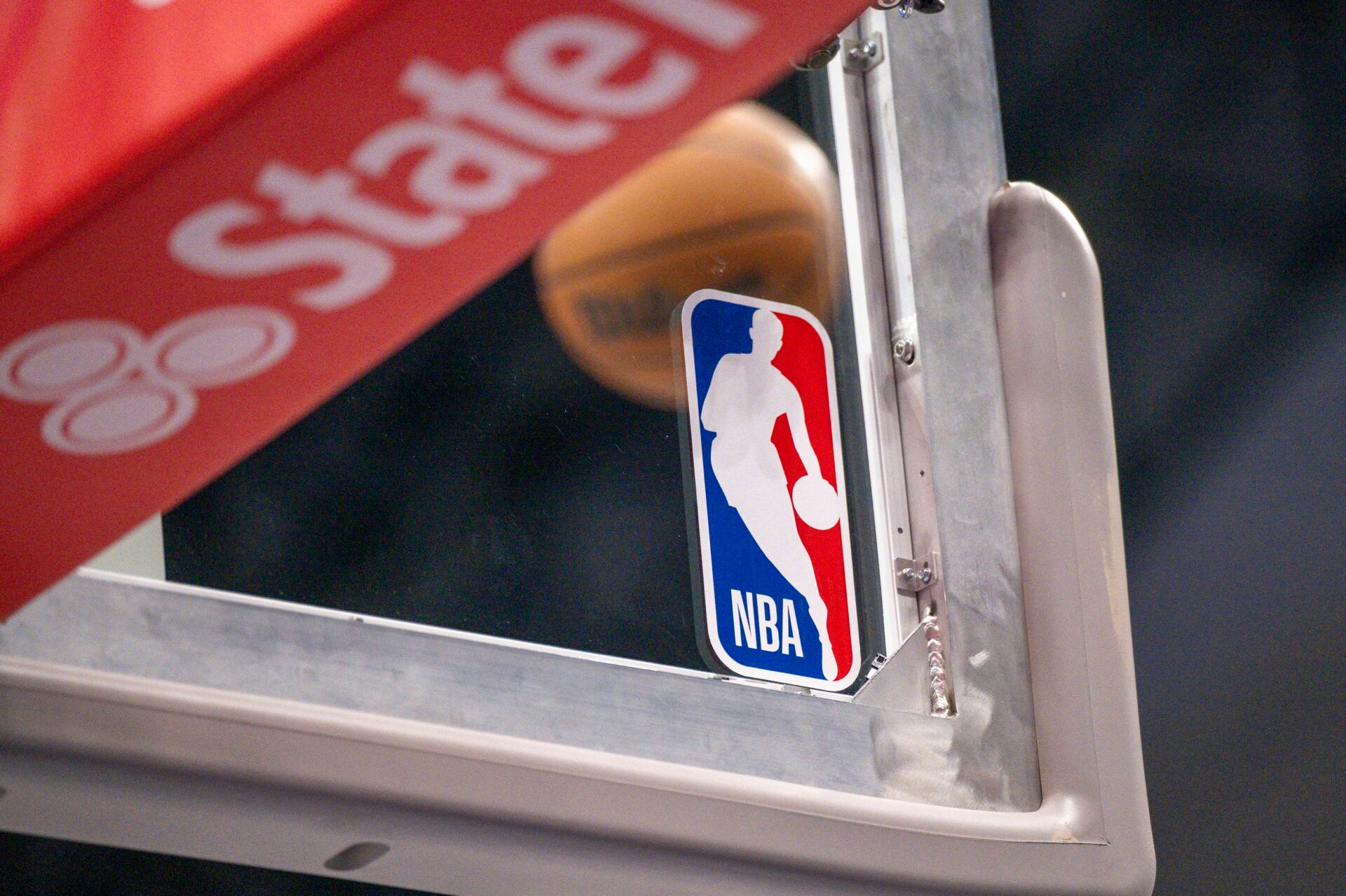 A view a Wilson NBA basketball and logo during the game between the Mavericks and the Spurs at the American Airlines Center.