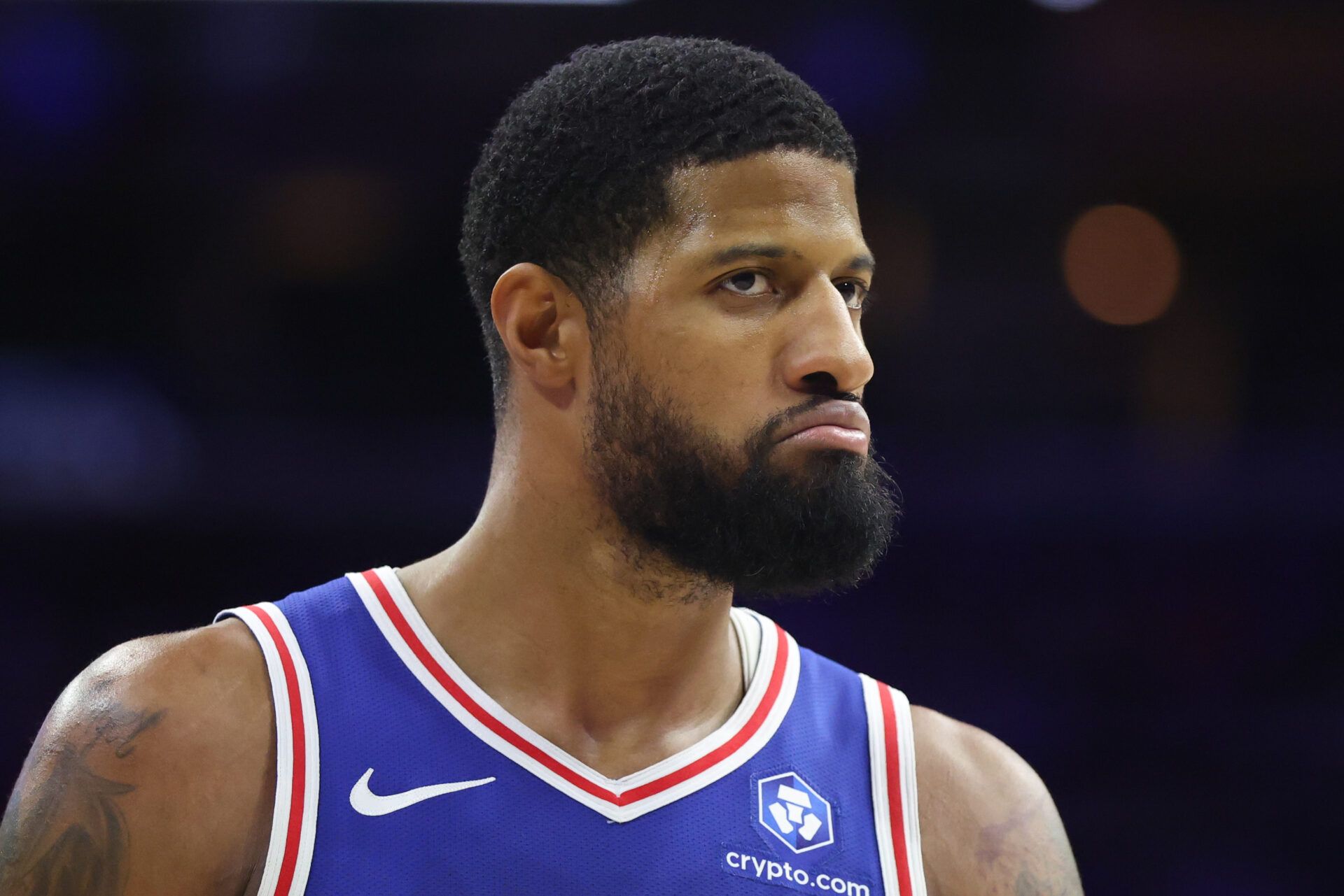 Philadelphia 76ers forward Paul George (8) looks on after a score against the Milwaukee Bucks during the fourth quarter at Xfinity Mobile Arena.