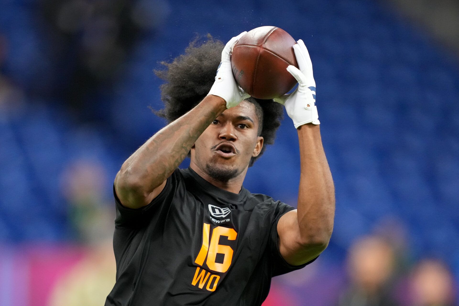 Texas A&M wideout KC Concepcion (WO16) during the NFL Scouting Combine at Lucas Oil Stadium.