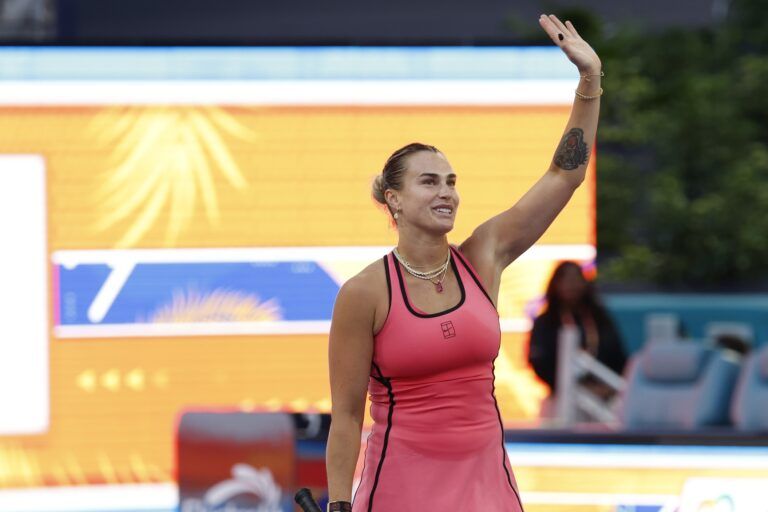 Aryna Sabalenka waves to the crowd after her match against Qinwen Zheng (CHN) (not pictured) on day 7 of the 2026 Miami Open at Hard Rock Stadium.