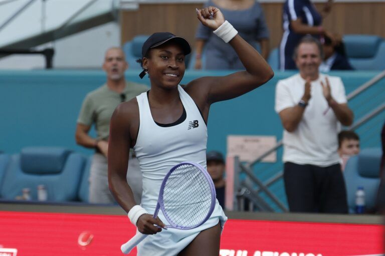 Coco Gauff (USA) celebrates after her match against Sorana Cirstea (ROU) (not pictured) on day 7 of the 2026 Miami Open at Hard Rock Stadium.
