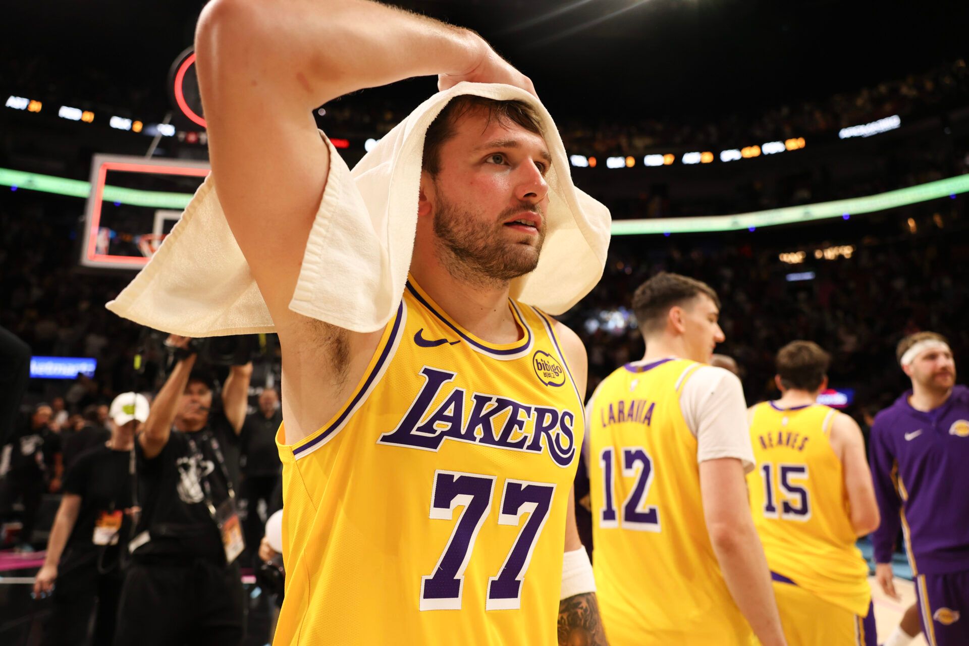 Los Angeles Lakers guard Luka Doncic (77) after 60 point game against the Miami Heat at Kaseya Center.