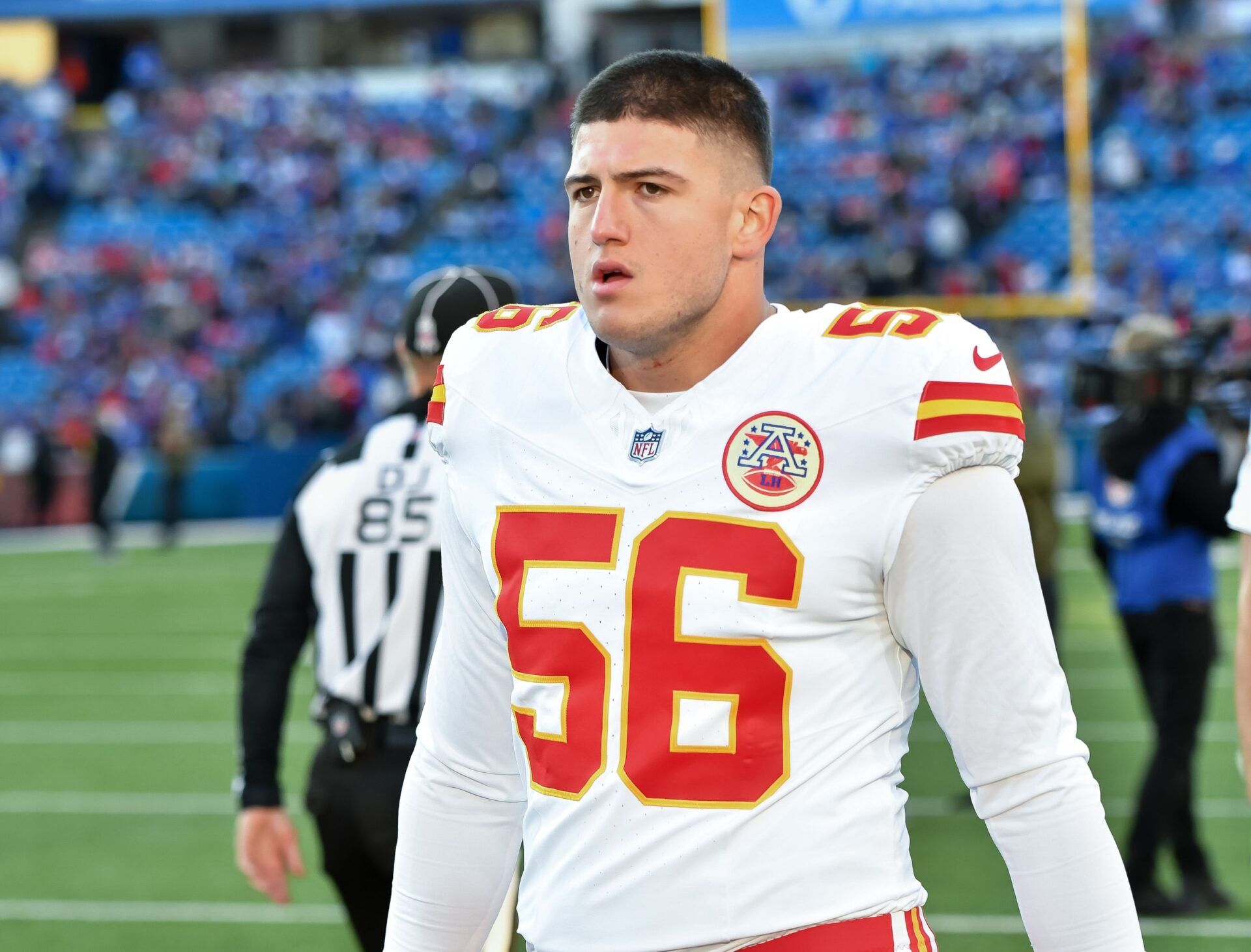 Kansas City Chiefs defensive end George Karlaftis (56) goes to the locker room before a game against the Buffalo Bills at Highmark Stadium.