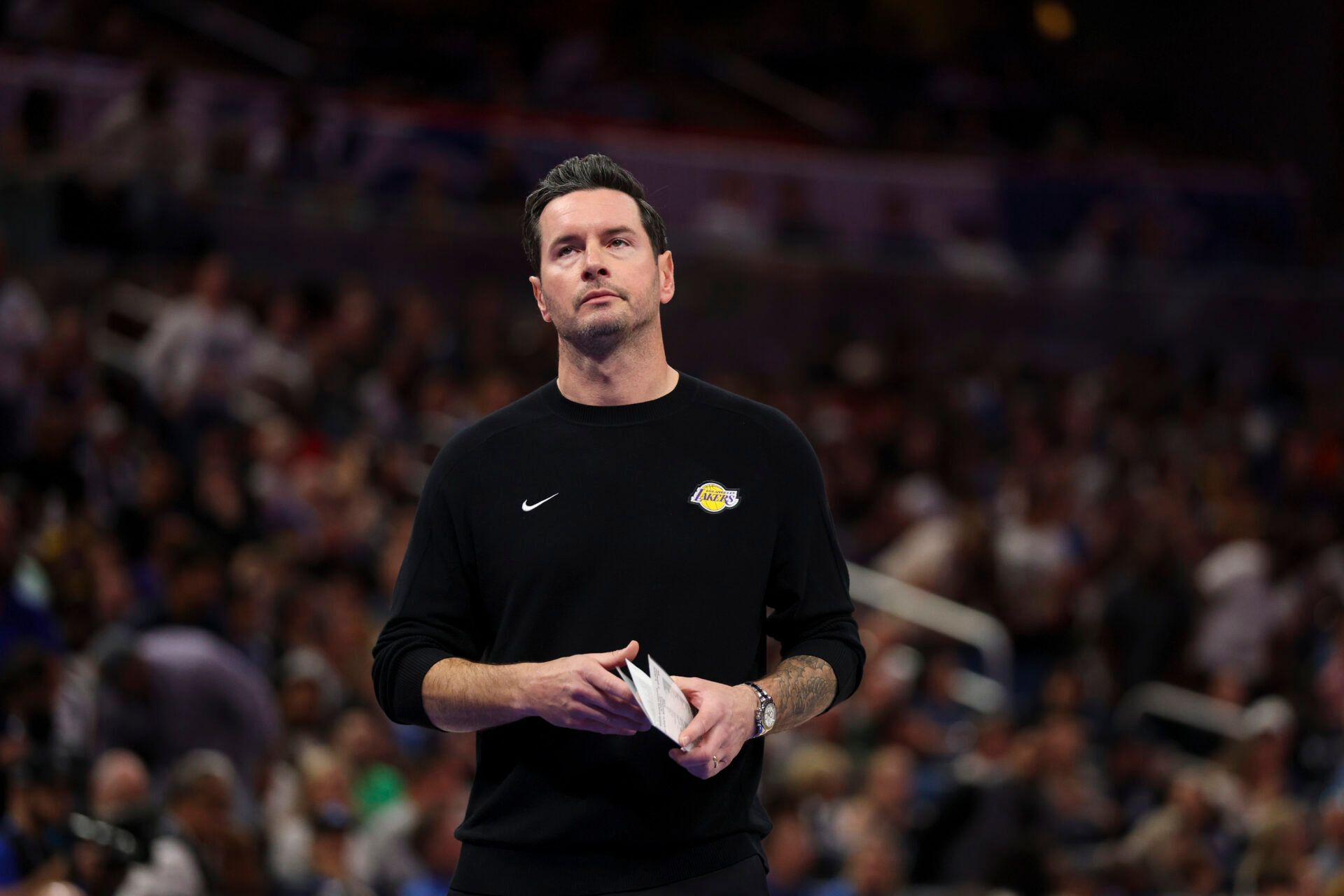 Los Angeles Lakers head coach JJ Redick looks on against the Orlando Magic in the first quarter at Kia Center.