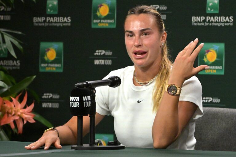 Aryna Sabalenka (BEL) speaks to the media at a news conference during the BNP Paribas Open at the Indian Wells Tennis Garden.