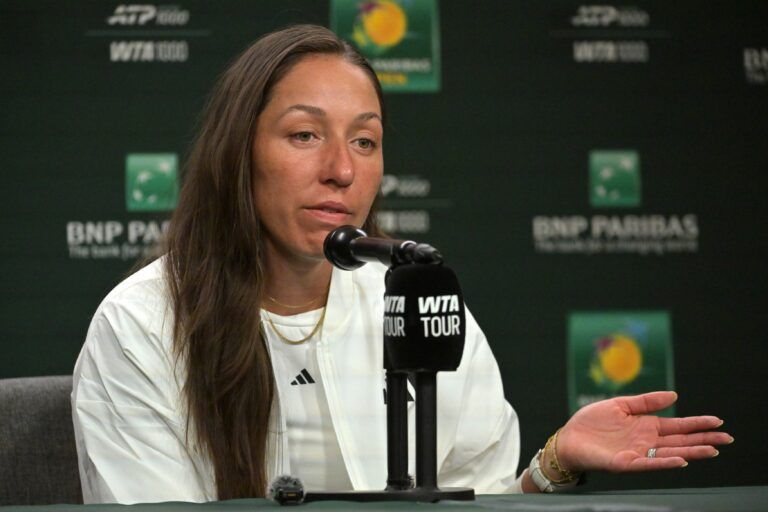 Jessica Pegula (USA) speaks to the media at a news conference during the BNP Paribas Open at the Indian Wells Tennis Garden.