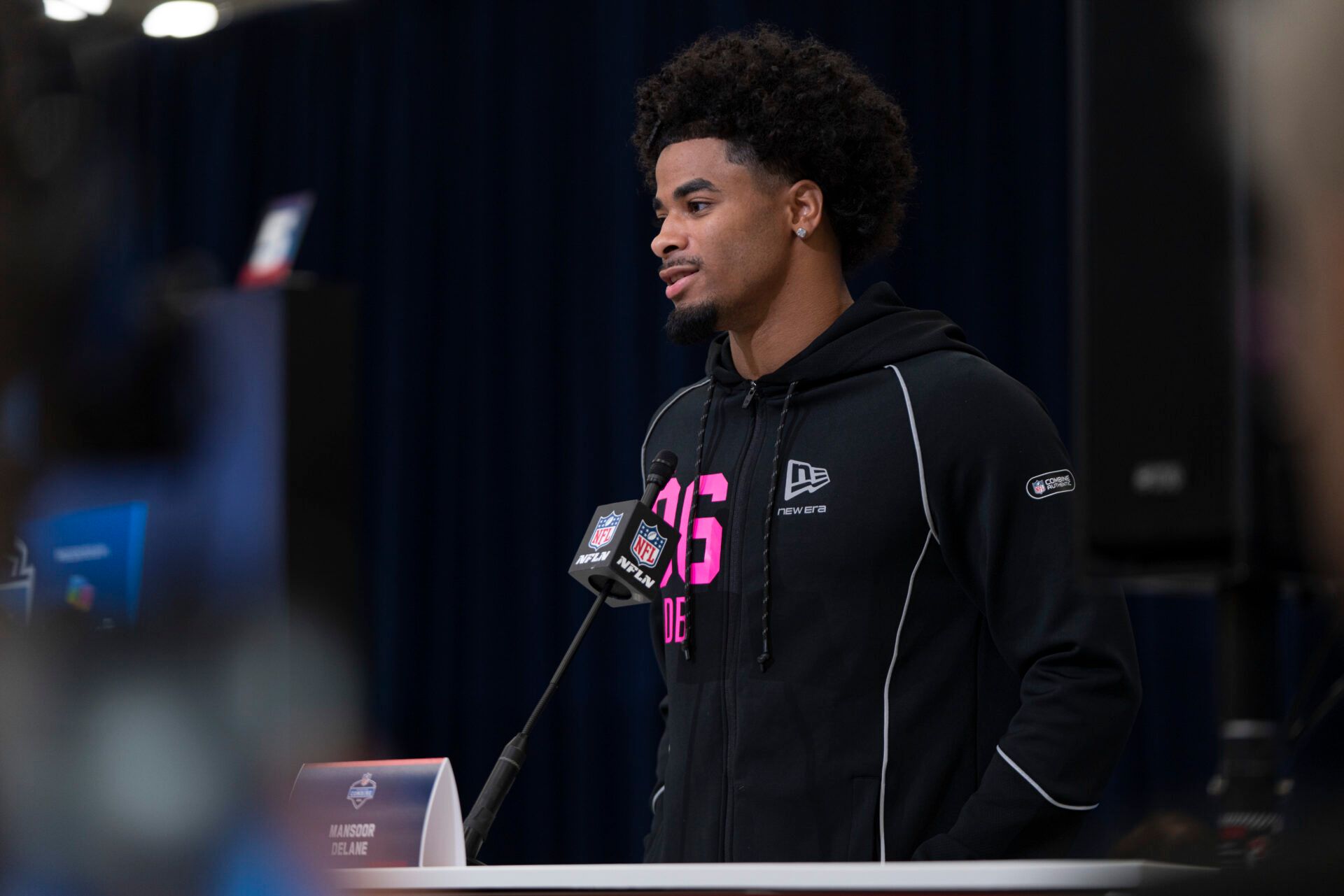 LSU defensive back Mansoor Delane (DB06) speakers to members of the media at the NFL Combine at the Indiana Convention Center.