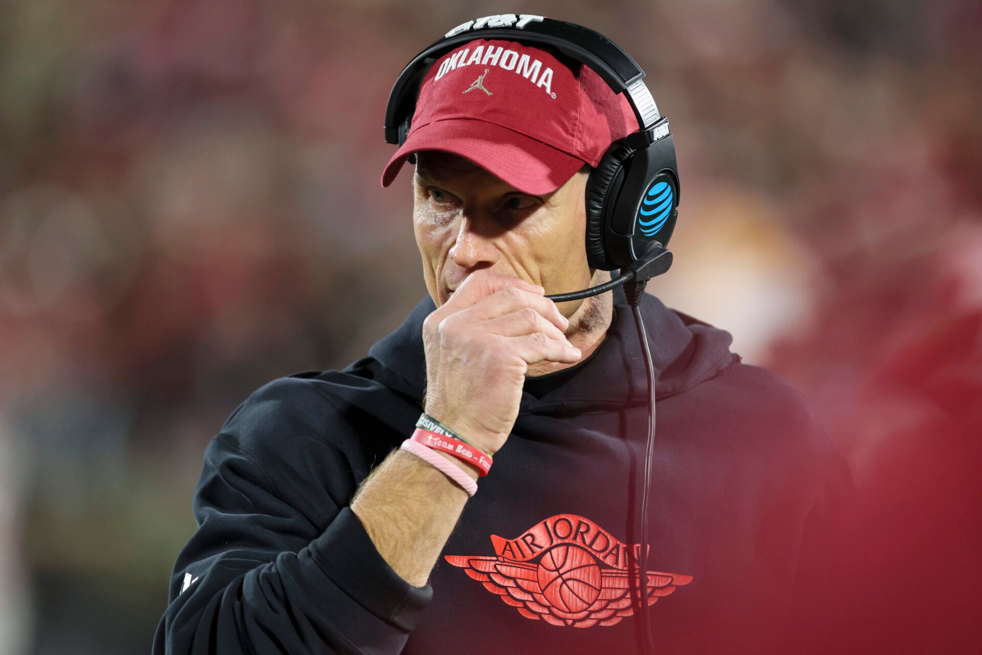 Oklahoma Sooners head coach Brent Venables looks on in the first half against the Alabama Crimson Tide at Gaylord Family OK Memorial Stadium.