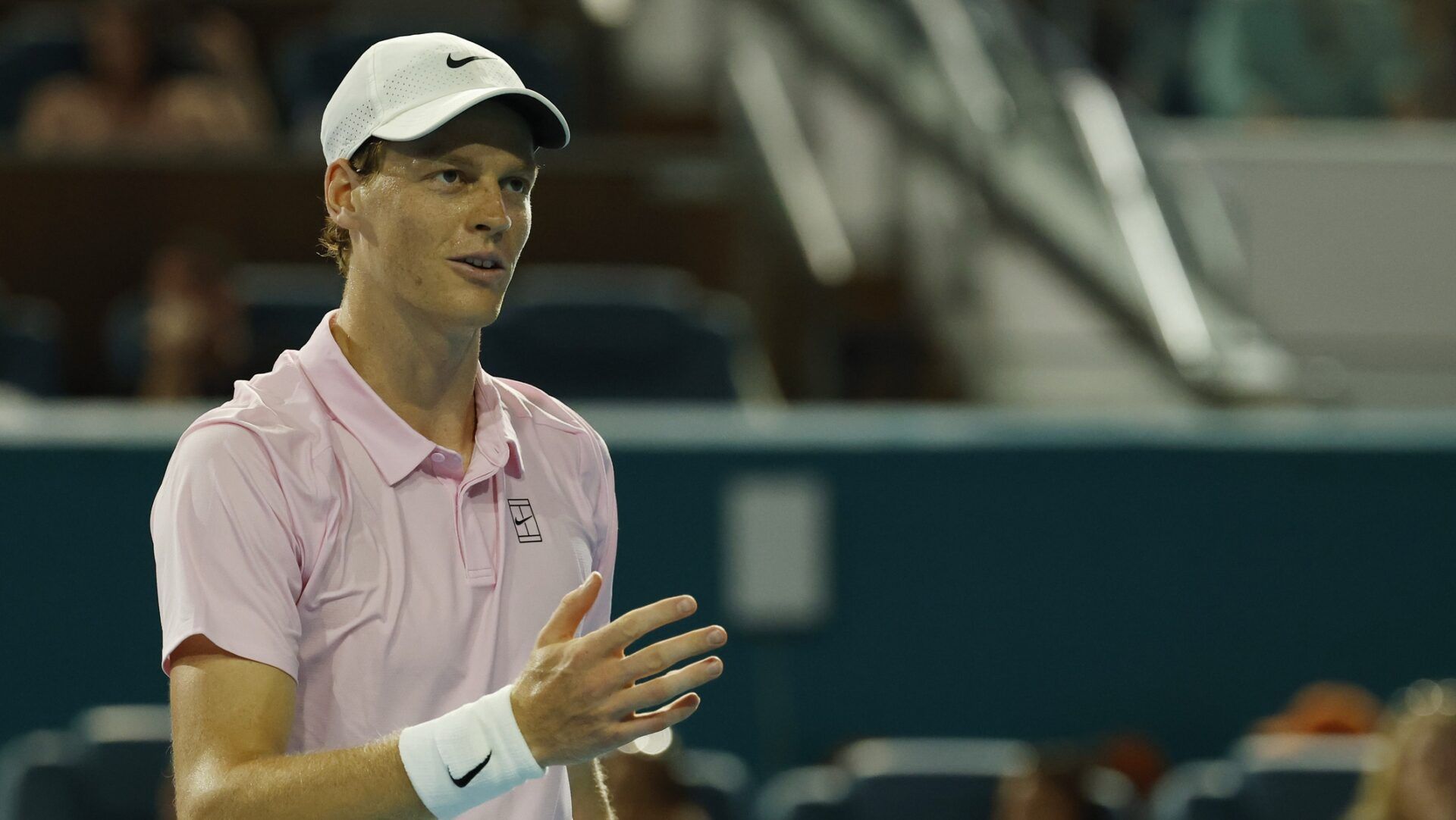 Jannik Sinner (ITA) talks to his player's box between points against Corentin Moutet (FRA) (not pictured) on day 7 of the 2026 Miami Open at Hard Rock Stadium.