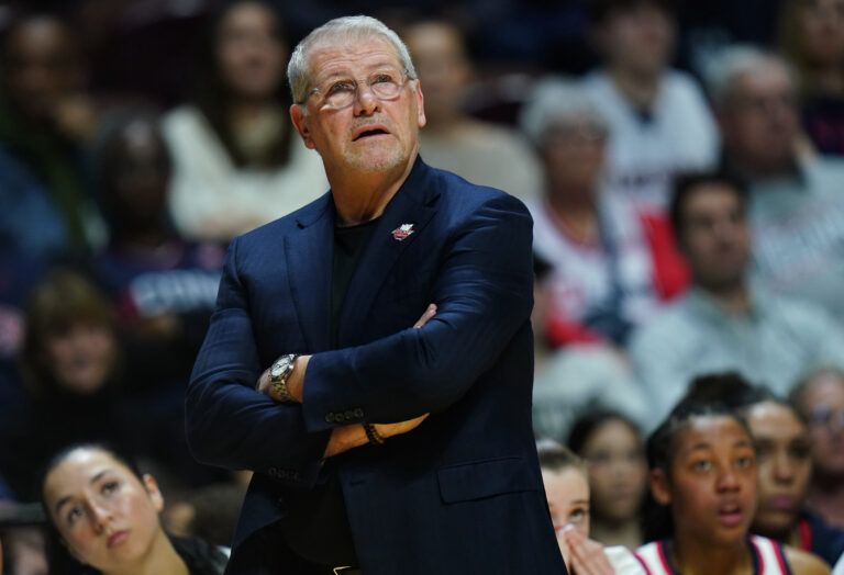 UConn Huskies head coach Geno Auriemma watches from the sideline as they take on the Villanova Wildcats at Mohegan Sun Arena.