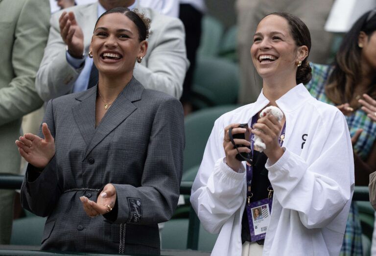 Trinity Rodman and Emma Shelton  in attendance for the Ben Shelton of the United States and Marton Fucsovics of Hungary (both not pictured) match  on day six at the All England Lawn Tennis and Croquet Club.