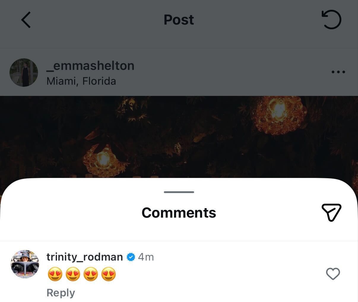 Screen grab of Ben Shelton’s girlfriend Trinity Rodman's comment