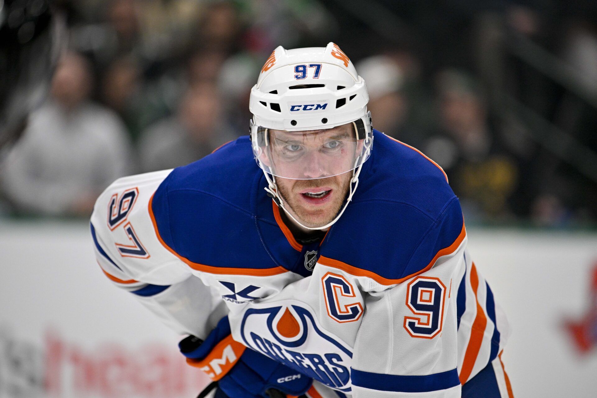 Edmonton Oilers center Connor McDavid (97) looks on during the game between the Stars and the Oilers at the American Airlines Center.