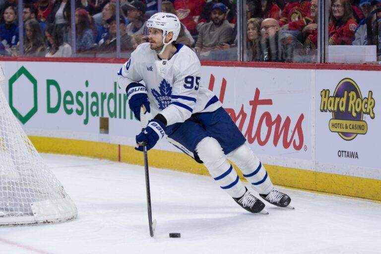 Toronto Maple Leafs defenseman Oliver Ekman-Larsson (95) skates with the puck in the first period against the Ottawa Senators at the Canadian Tire Centre.