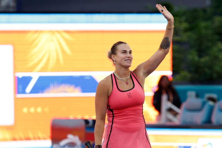 Aryna Sabalenka waves to the crowd after her match against Qinwen Zheng (CHN) (not pictured) on day 7 of the 2026 Miami Open at Hard Rock Stadium.