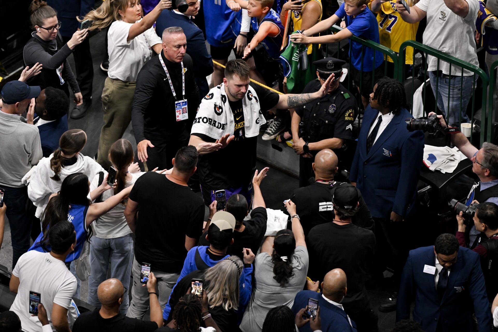 Los Angeles Lakers guard Luka Doncic (77) walks off the court after the game against the Dallas Mavericks at the American Airlines Center.