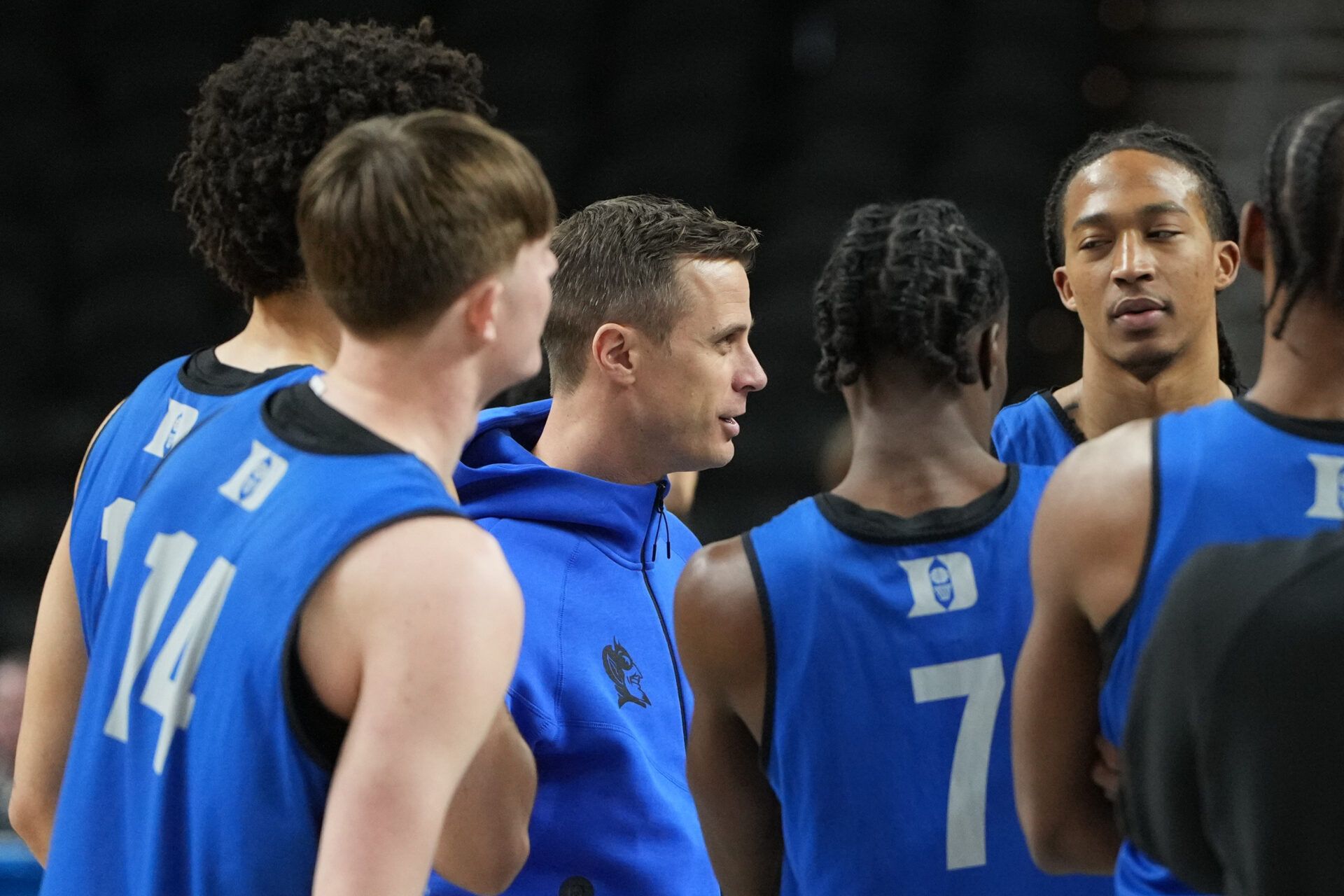 Duke Blue Devils head coach Jon Scheyer in the huddle during a practice session ahead of the first round of the men's 2026 NCAA Tournament at Bon Secours Wellness Arena.