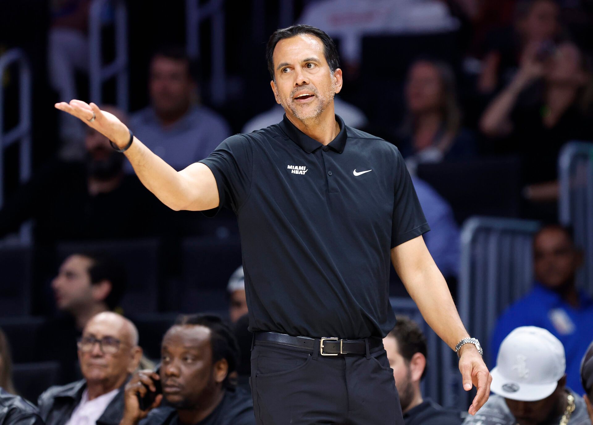 Miami Heat head coach Erik Spoelstra reacts against the Washington Wizards during the first half at Kaseya Center.