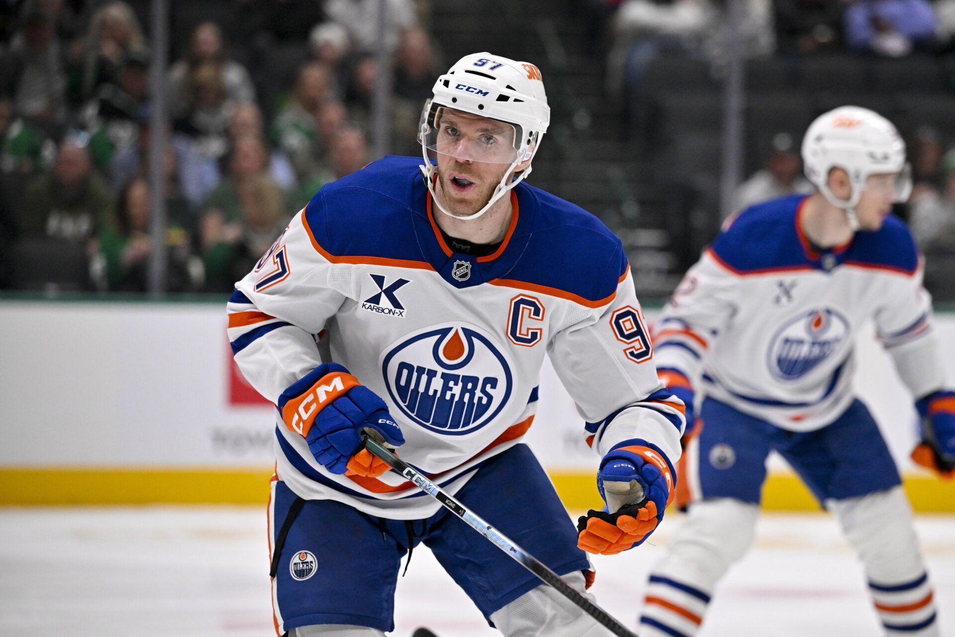 Edmonton Oilers center Connor McDavid (97) skates against the Dallas Stars during the game between the Stars and the Oilers at the American Airlines Center.