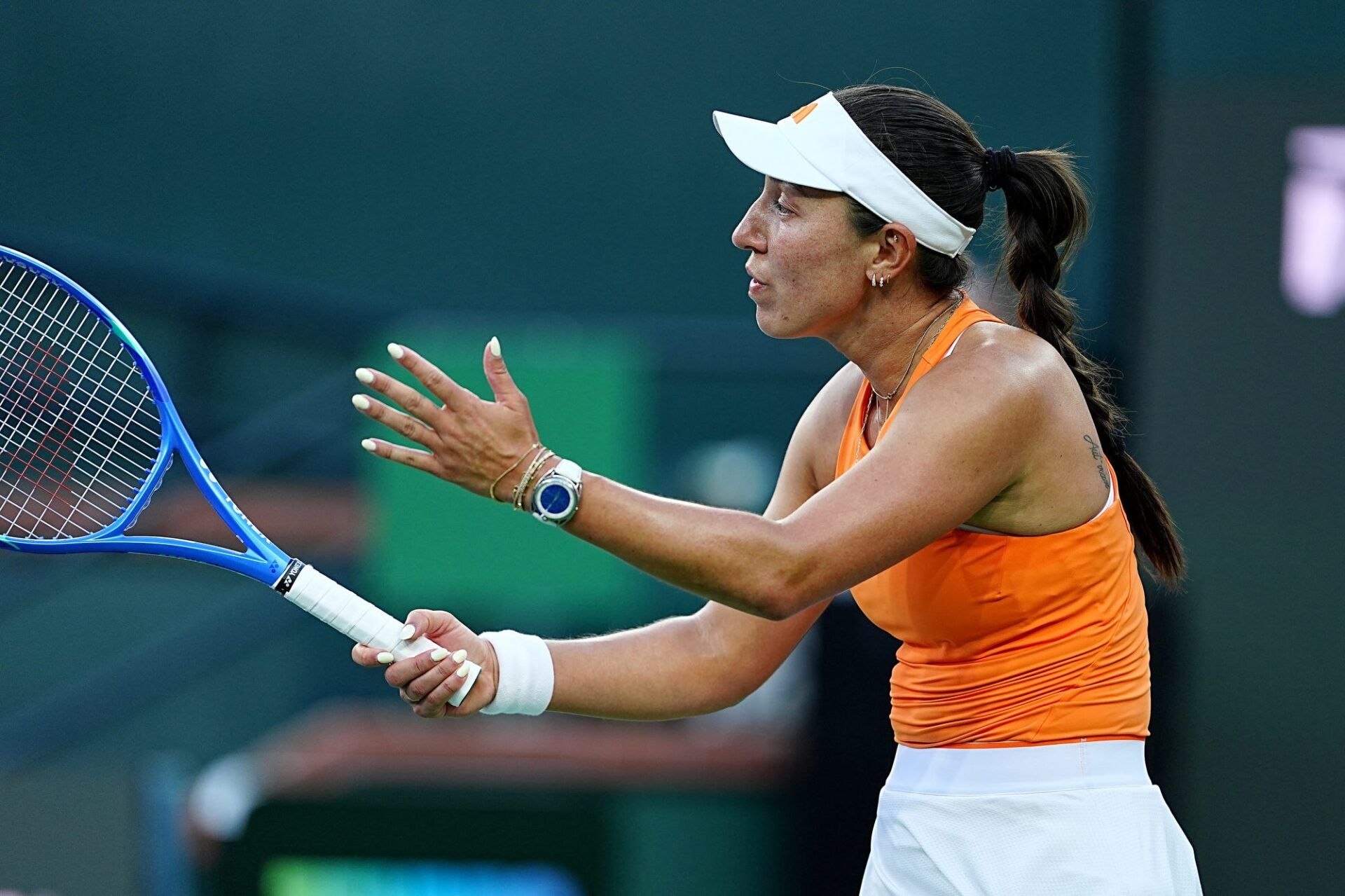 Jessica Pegula reacts during her BNP Paribas Open quarterfinal loss to Elena Rybakina on Stadium 1 at the Indian Wells Tennis Garden in Indian Wells, Calif., on Thursday, March 12, 2026.