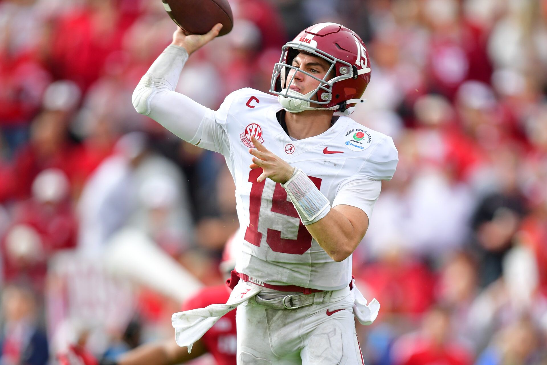 Alabama Crimson Tide quarterback Ty Simpson (15) passes against the Indiana Hoosiers in the first half of the 2026 Rose Bowl and quarterfinal game of the College Football Playoff at Rose Bowl Stadium.