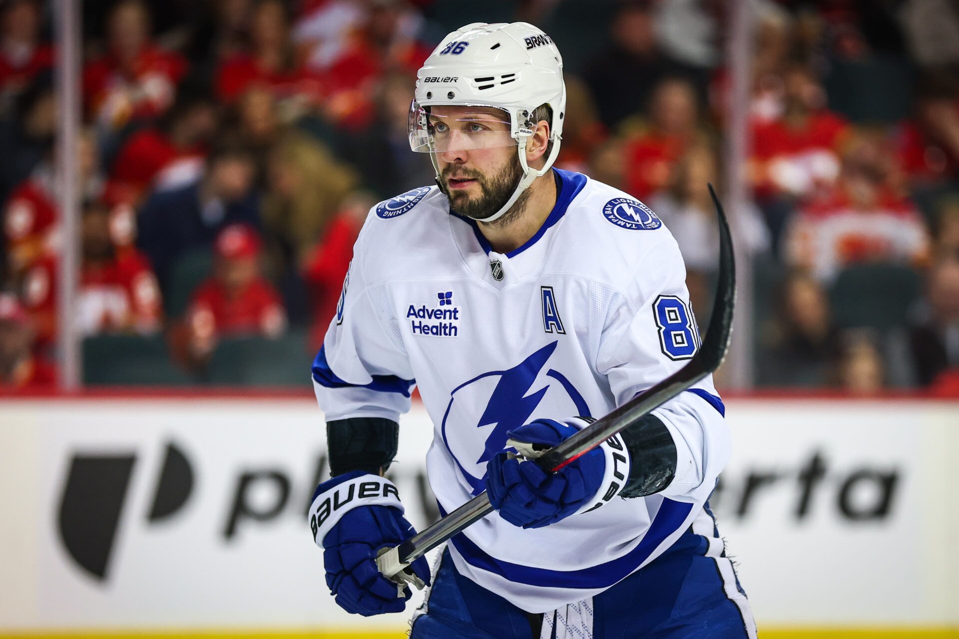 Tampa Bay Lightning right wing Nikita Kucherov (86) during the face off against the Calgary Flames during the first period at Scotiabank Saddledome.
