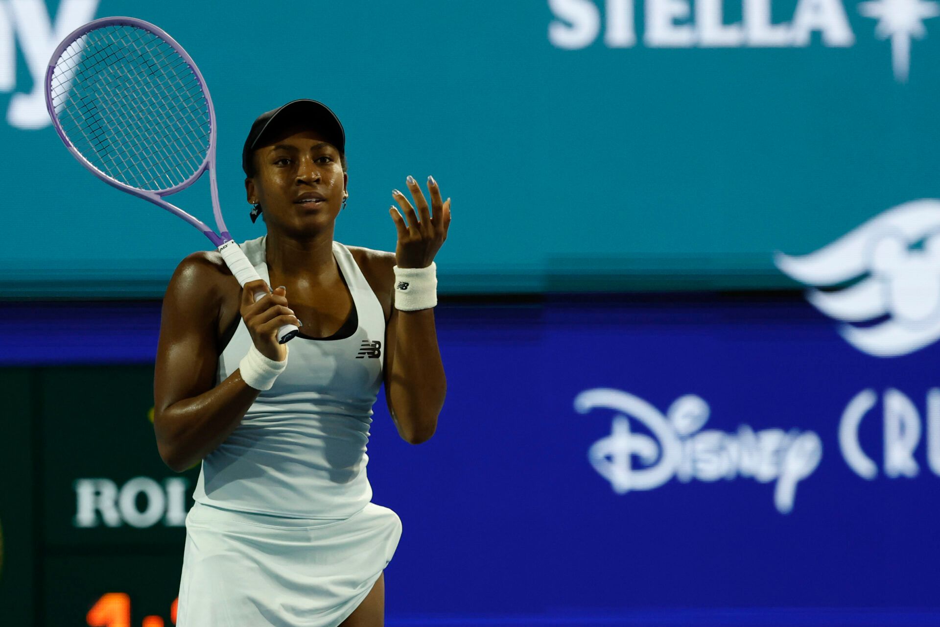 Coco Gauff (USA)  reacts after missing a shot against Alycia Parks (USA) (not pictured) on day five of the 2026 Miami Open at Hard Rock Stadium.