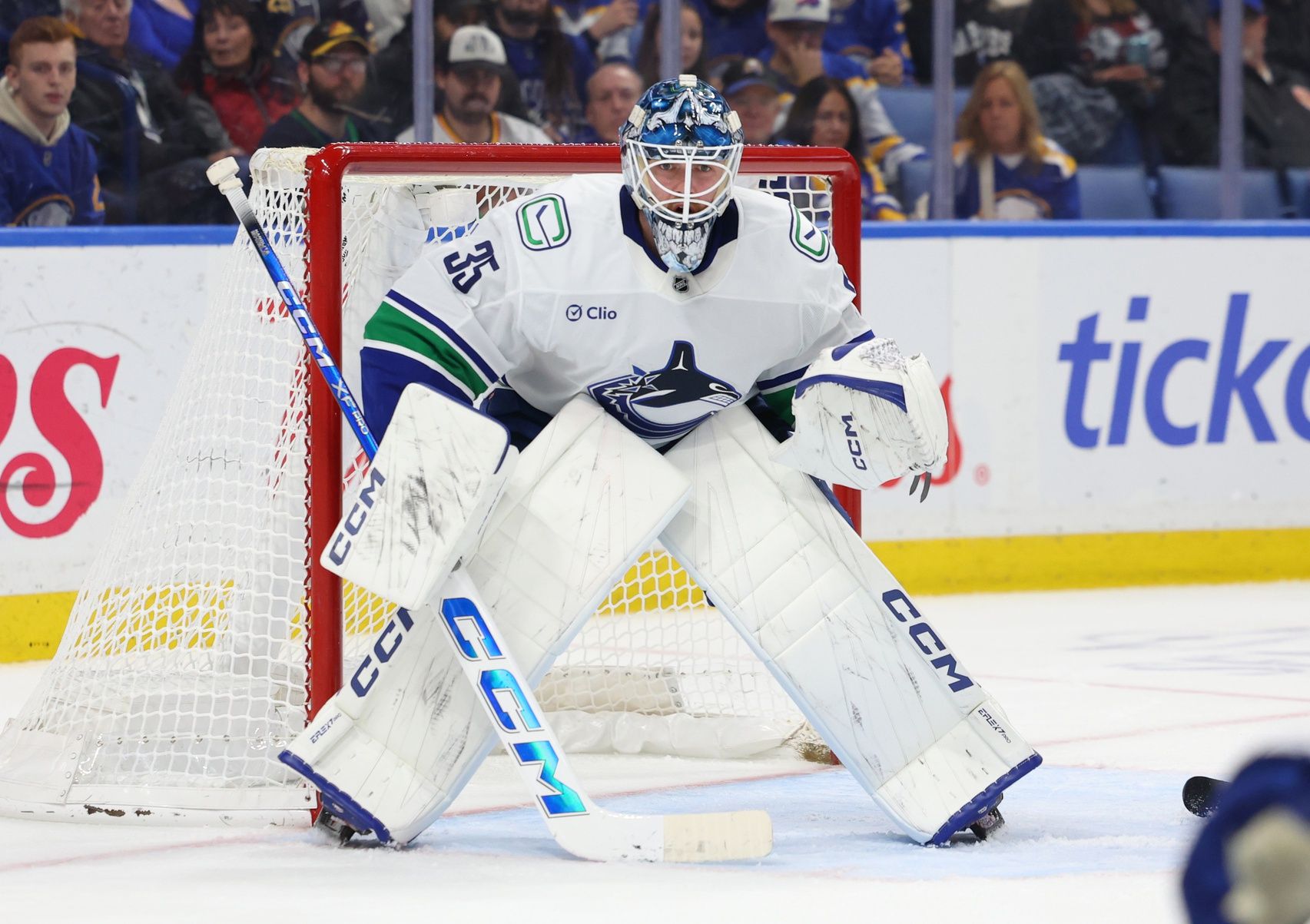 Vancouver Canucks goaltender Thatcher Demko (35) looks for the puck during the second period against the Buffalo Sabres at KeyBank Center.