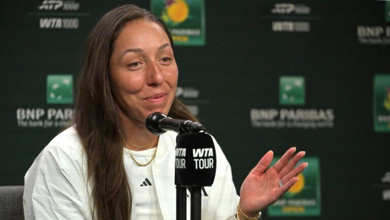 Jessica Pegula (USA) speaks to the media at a news conference during the BNP Paribas Open at the Indian Wells Tennis Garden.
