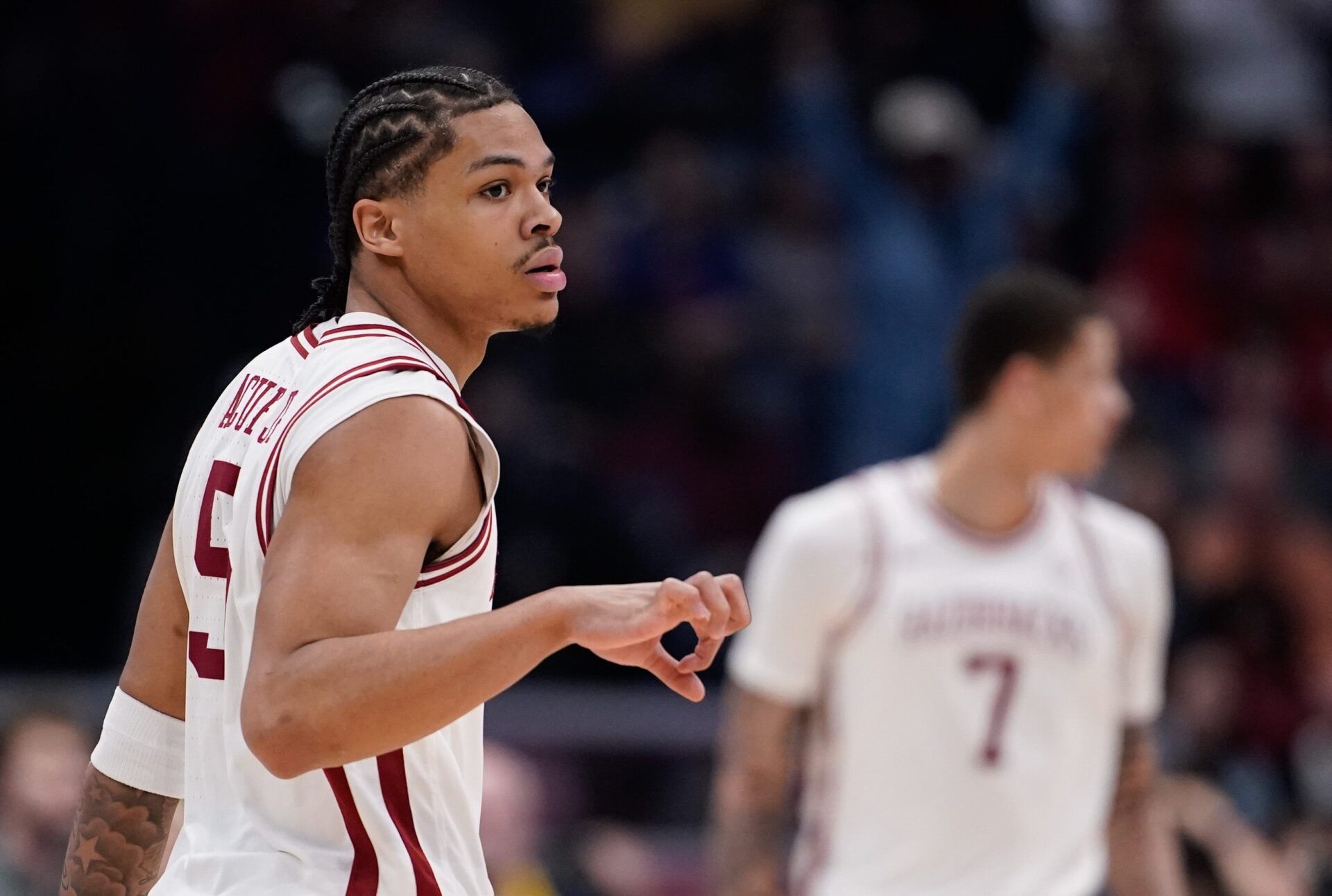 Arkansas guard Darius Acuff Jr. (5) celebrates a three-pointer during the first half of the SEC tournament championship game against Vanderbilt at Bridgestone Arena in Nashville, Tenn., Sunday, March 15, 2026.