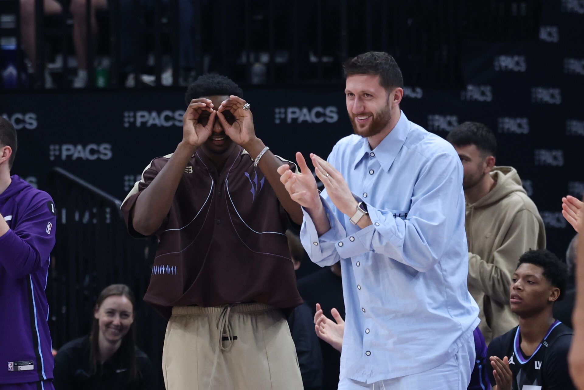Utah Jazz forward Jaren Jackson Jr. (left) and center Jusuf Nurkic (right) react to a shot against the Milwaukee Bucks during the first half at Delta Center.