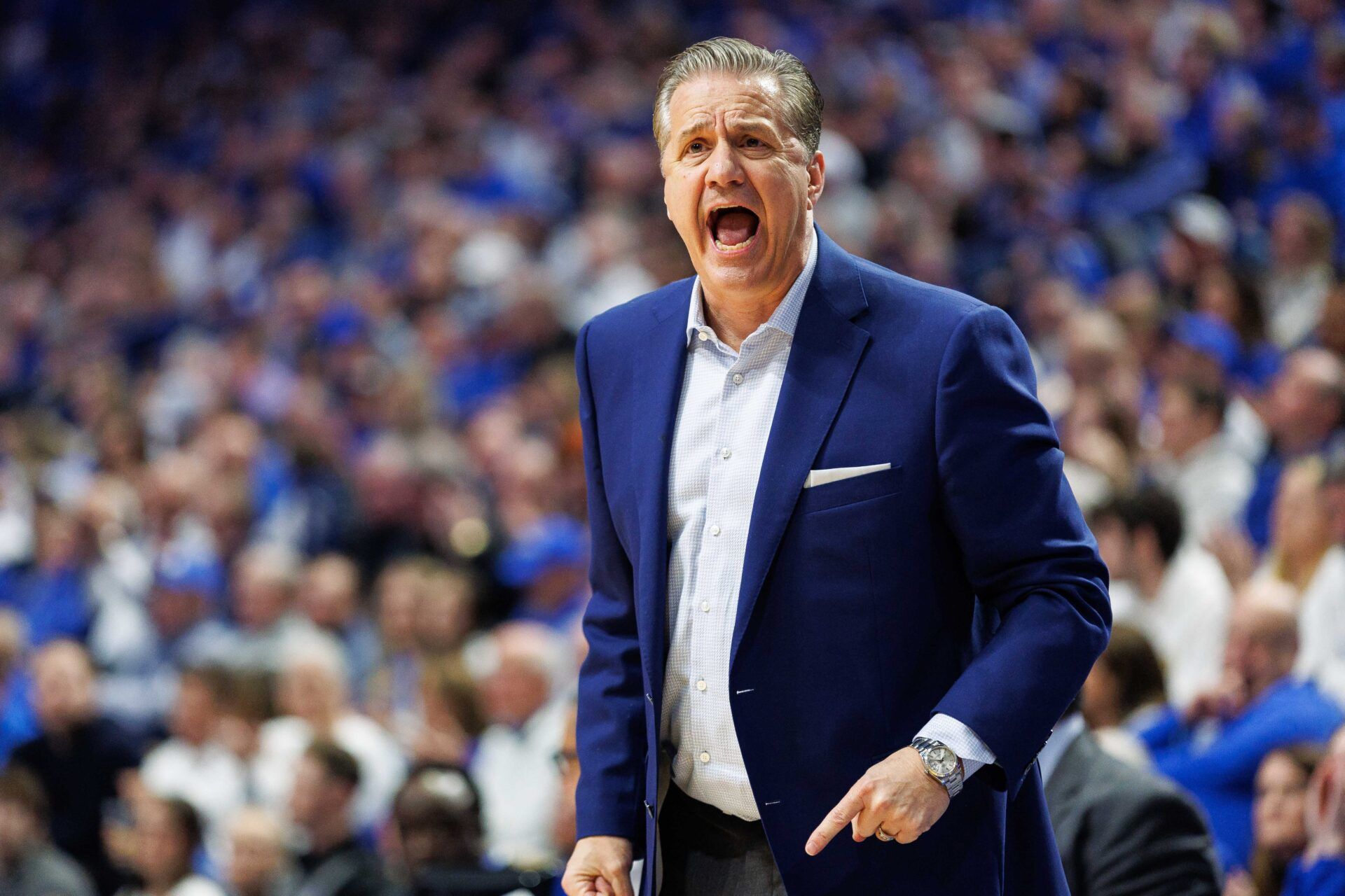 Kentucky Wildcats head coach John Calipari yells across the court during the first half against the Florida Gators at Rupp Arena at Central Bank Center.