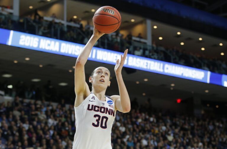 Connecticut Huskies forward Breanna Stewart (30) shoots against the Texas Longhorns during the first half in the finals of the Bridgeport regional of the women's NCAA Tournament at Webster Bank Arena.