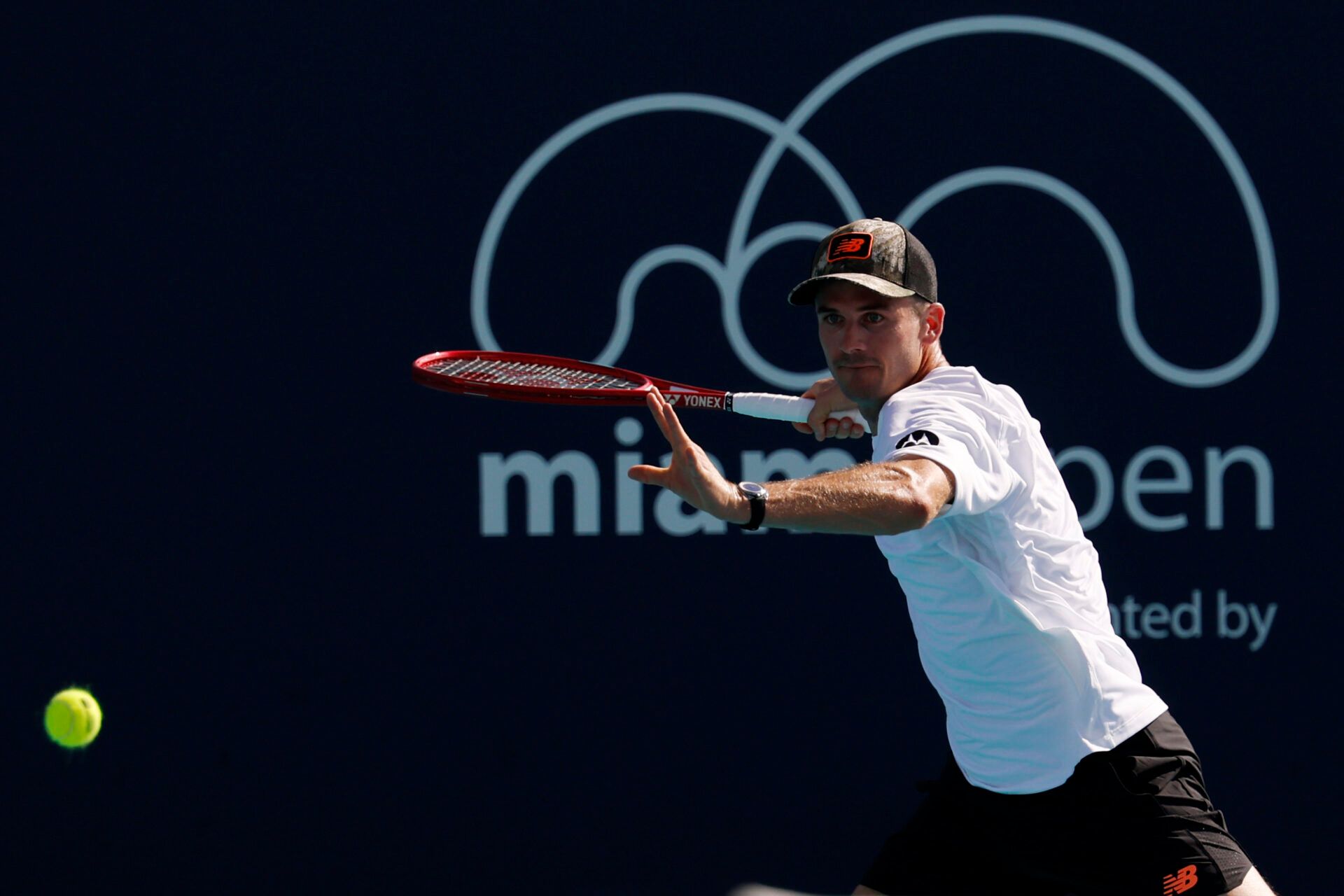 Tommy Paul (USA) hits a forehand against Adrian Mannarino (FRA) (not pictured) on day four of the 2026 Miami Open at Hard Rock Stadium.