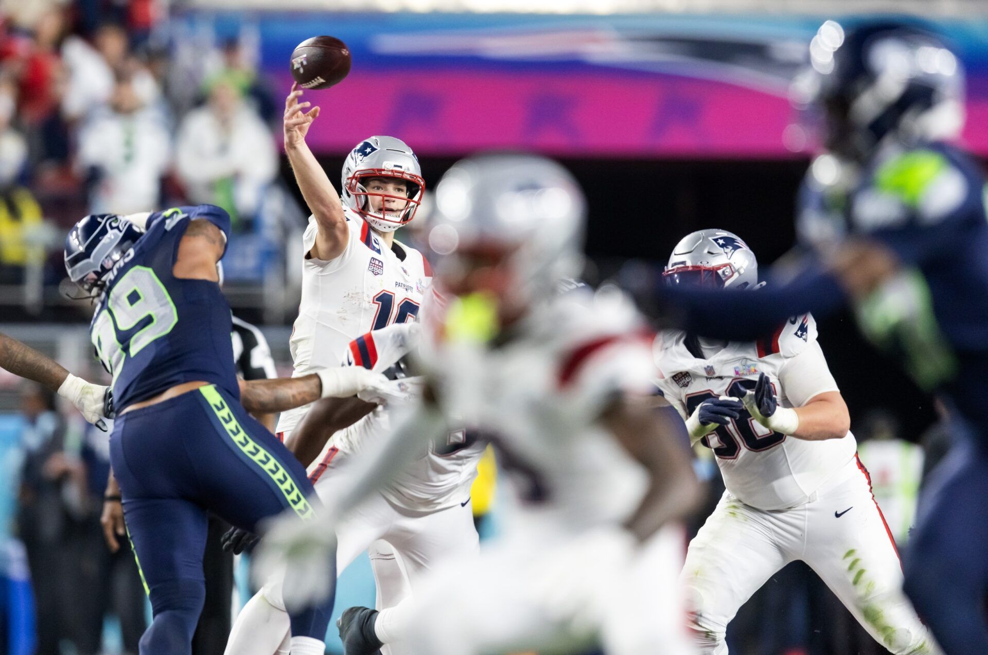New England Patriots quarterback Drake Maye (10) against the Seattle Seahawks during Super Bowl LX at Levi's Stadium.