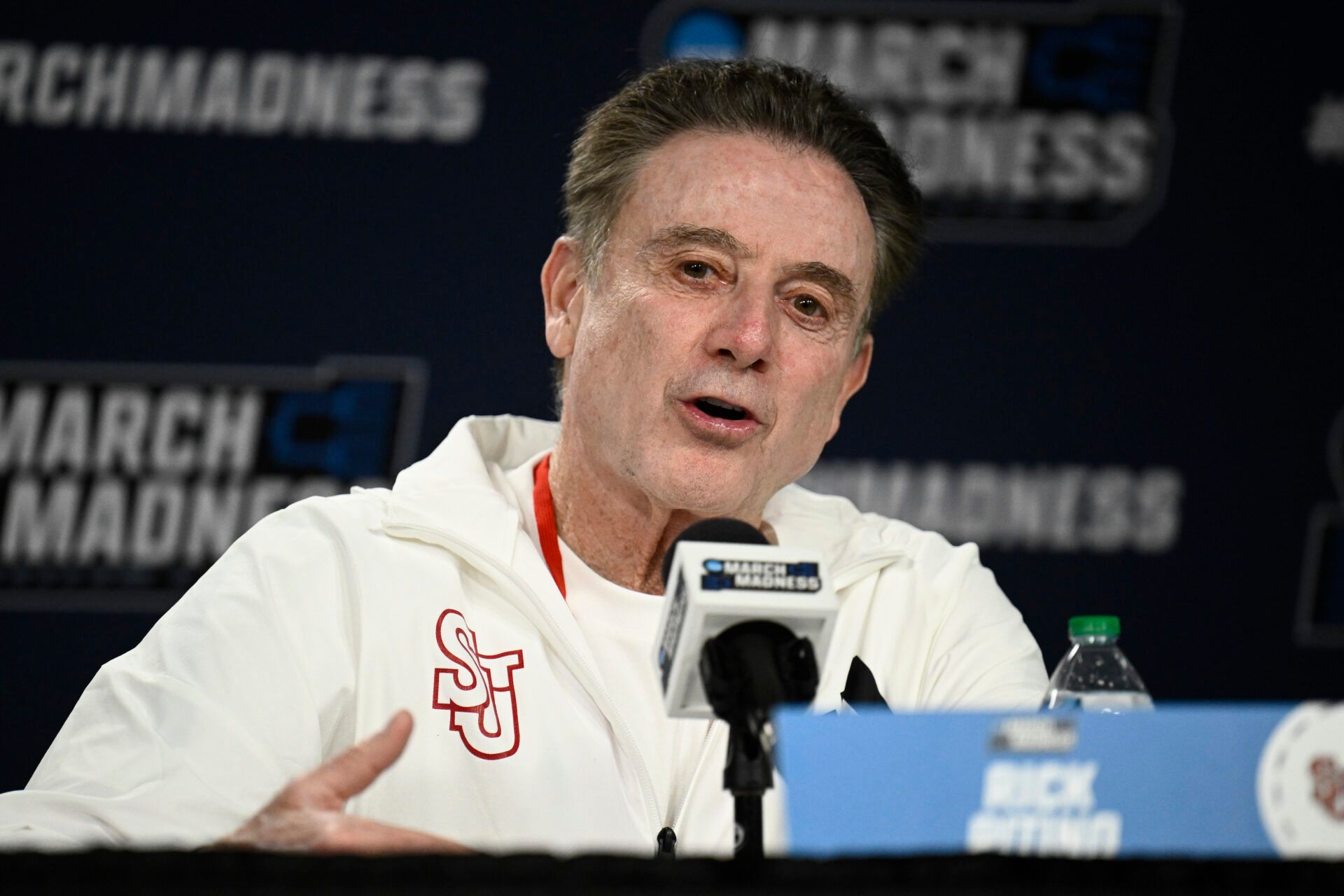 St. John's Red Storm head coach Rick Pitino speaks at a press conference ahead of the first round of the men's 2026 NCAA Tournament at Viejas Arena.