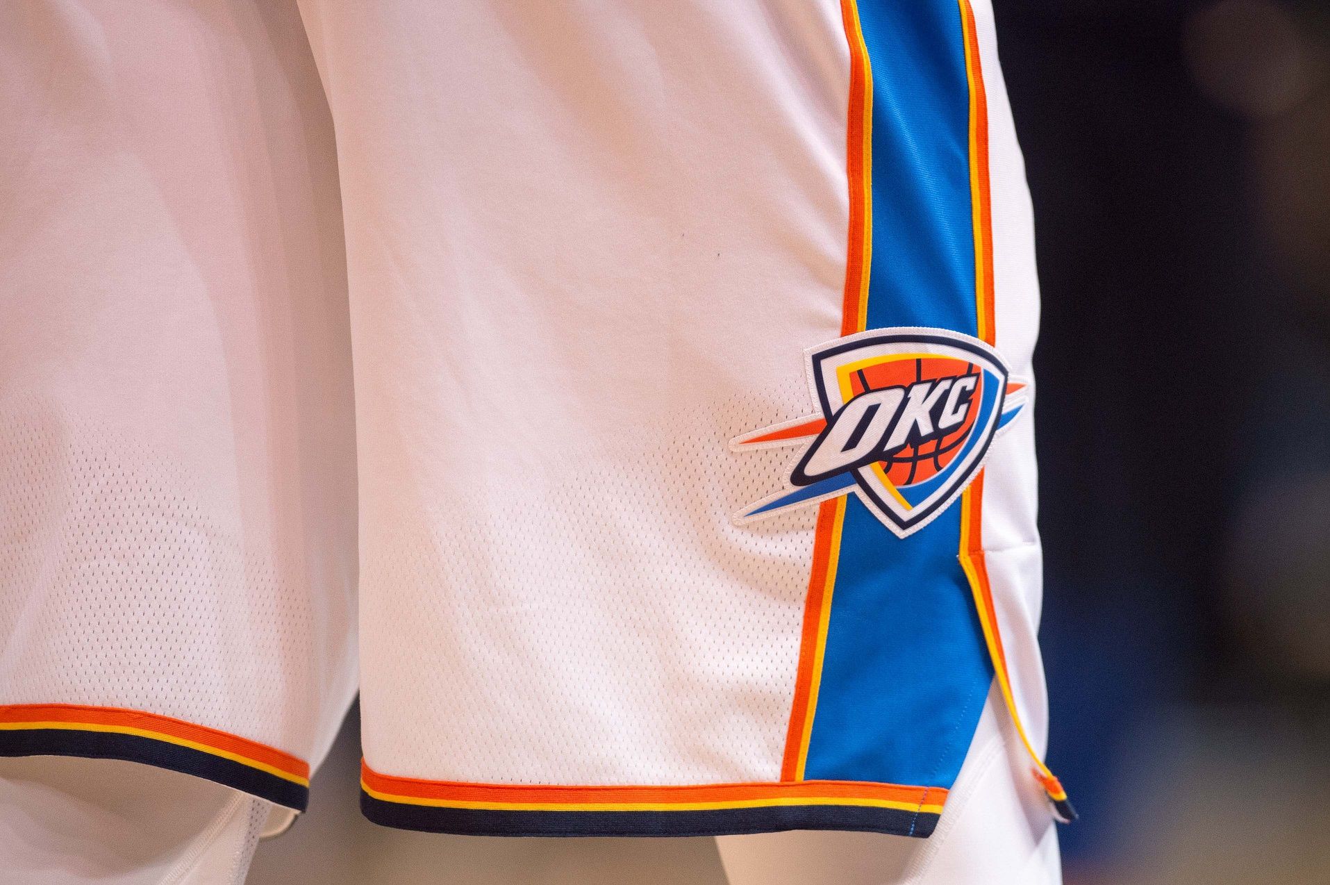 A view of the Oklahoma City Thunder logo during the game between the Dallas Mavericks and the Thunder at the American Airlines Center. The Mavericks defeat the Thunder 97-81.