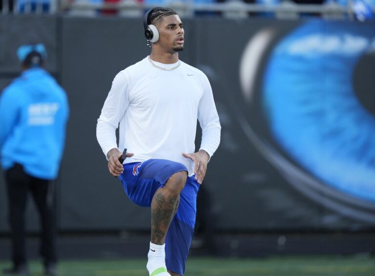 Buffalo Bills wide receiver Keon Coleman (0) warms up before a game against the Carolina Panthers at Bank of America Stadium.
