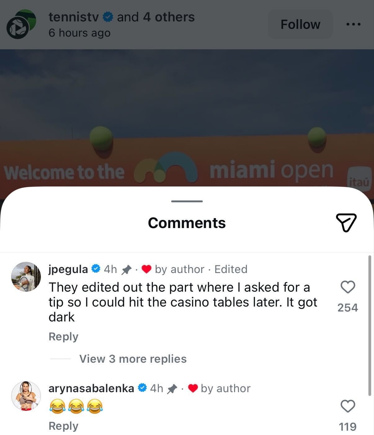 Screen grab of Jessica Pegula and Aryna Sabalenka's comments