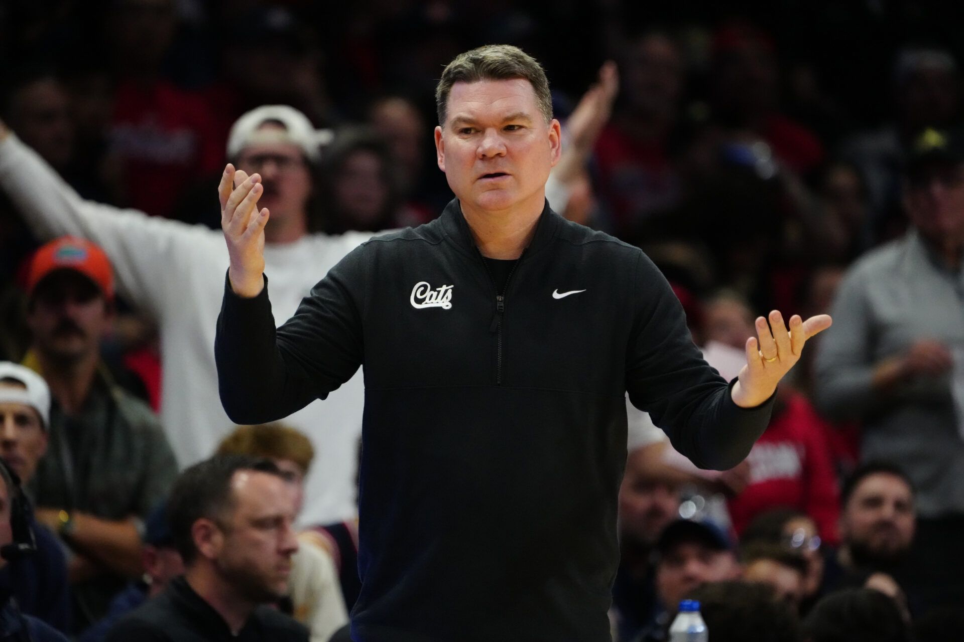 Arizona Wildcats head coach Tommy Lloyd reacts in the first half against the Colorado Buffaloes at the CU Events Center.