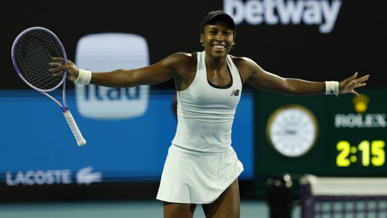 Coco Gauff (USA) celebrates after match point against Belinda Bencic (SUI) (not pictured) on day eight of the 2026 Miami Open at Hard Rock Stadium.