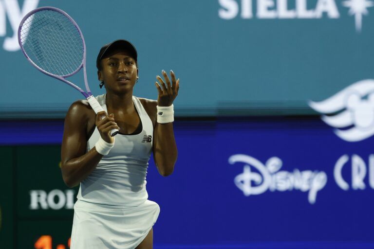 Coco Gauff (USA)  reacts after missing a shot against Alycia Parks (USA) (not pictured) on day five of the 2026 Miami Open at Hard Rock Stadium.