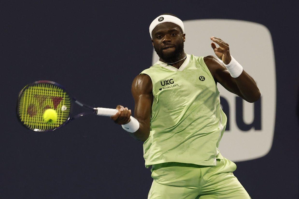 Frances Tiafoe (USA) hits a forehand against Terence Atmane (FRA) (not pictured) on day eight of the 2026 Miami Open at Hard Rock Stadium.
