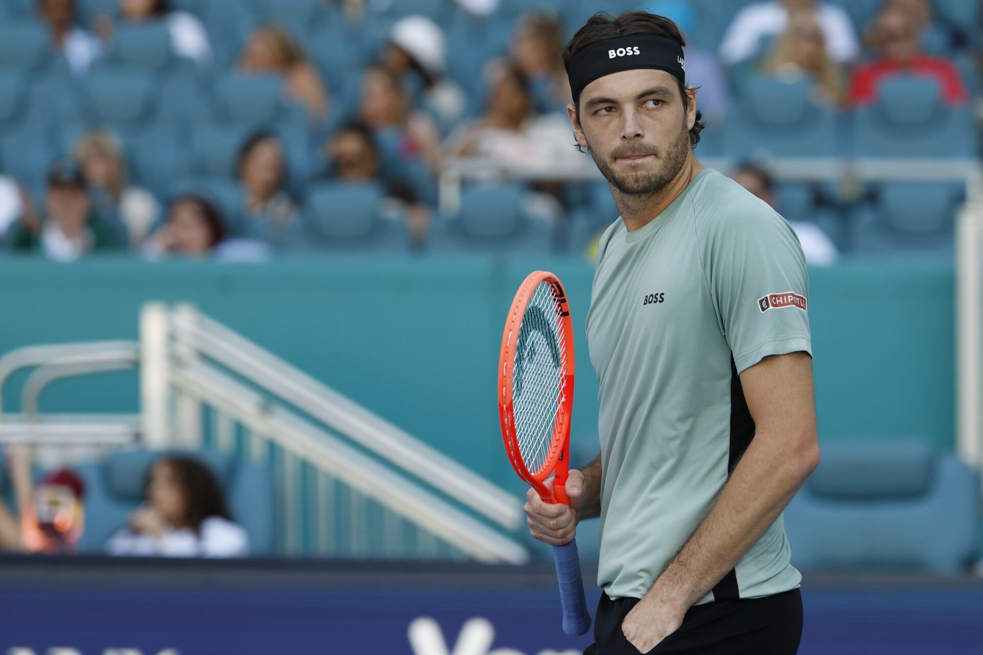 Taylor Fritz (USA) reacts after match point against Reilly Opelka (USA) (not pictured) on day six of the 2026 Miami Open at Hard Rock Stadium.