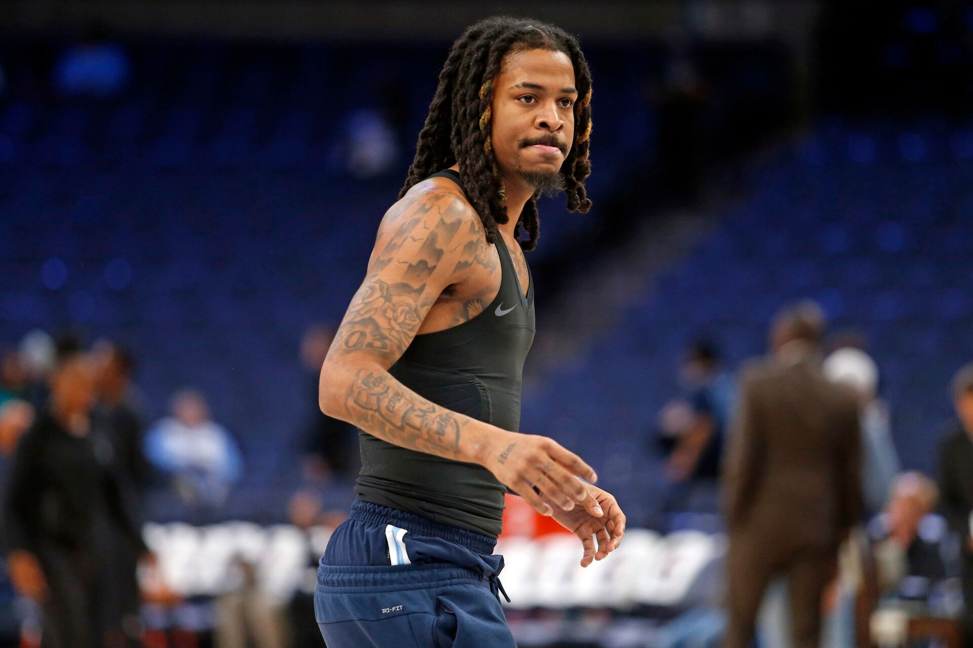 Memphis Grizzlies guard Ja Morant (12) looks on during warm ups prior to the game against the Atlanta Hawks at FedExForum.
