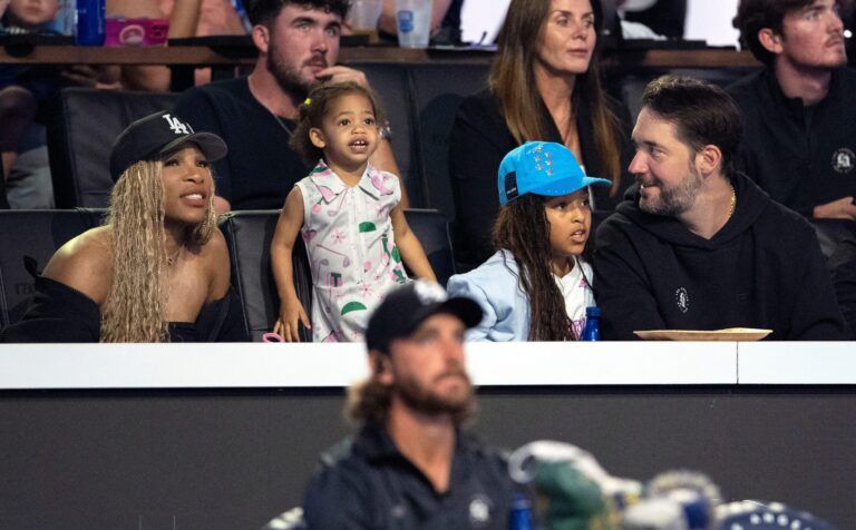 Serena Williams and Alexis Ohanian of Los Angeles Golf Club watch their team with their kids against Jupiter Links GC during theTGL finals at SoFi Center on March 24, 2026, in Palm Beach Gardens, Florida.