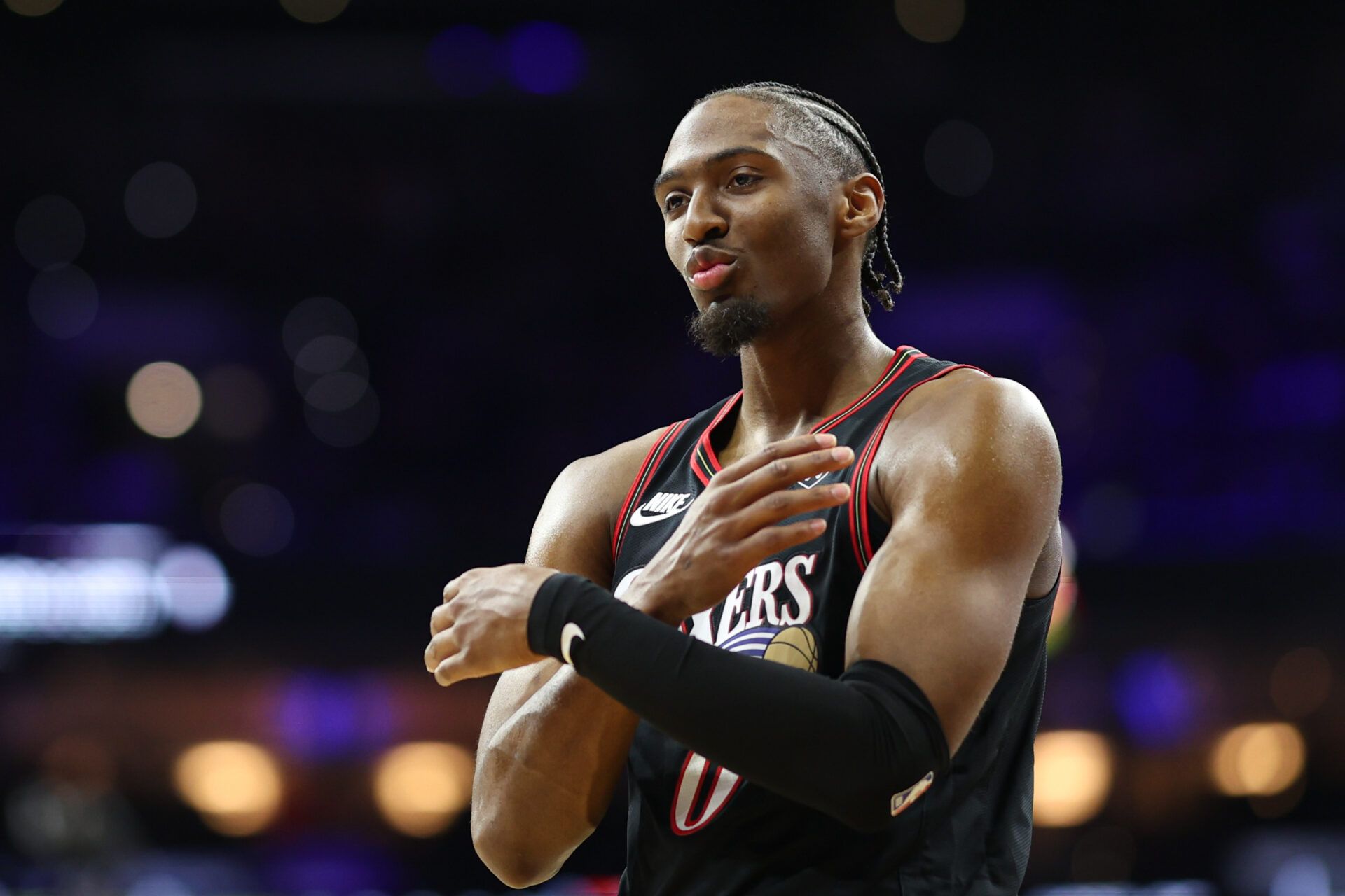 Philadelphia 76ers guard Tyrese Maxey (0) reacts during the first quarter aagainst the San Antonio Spurst Xfinity Mobile Arena.