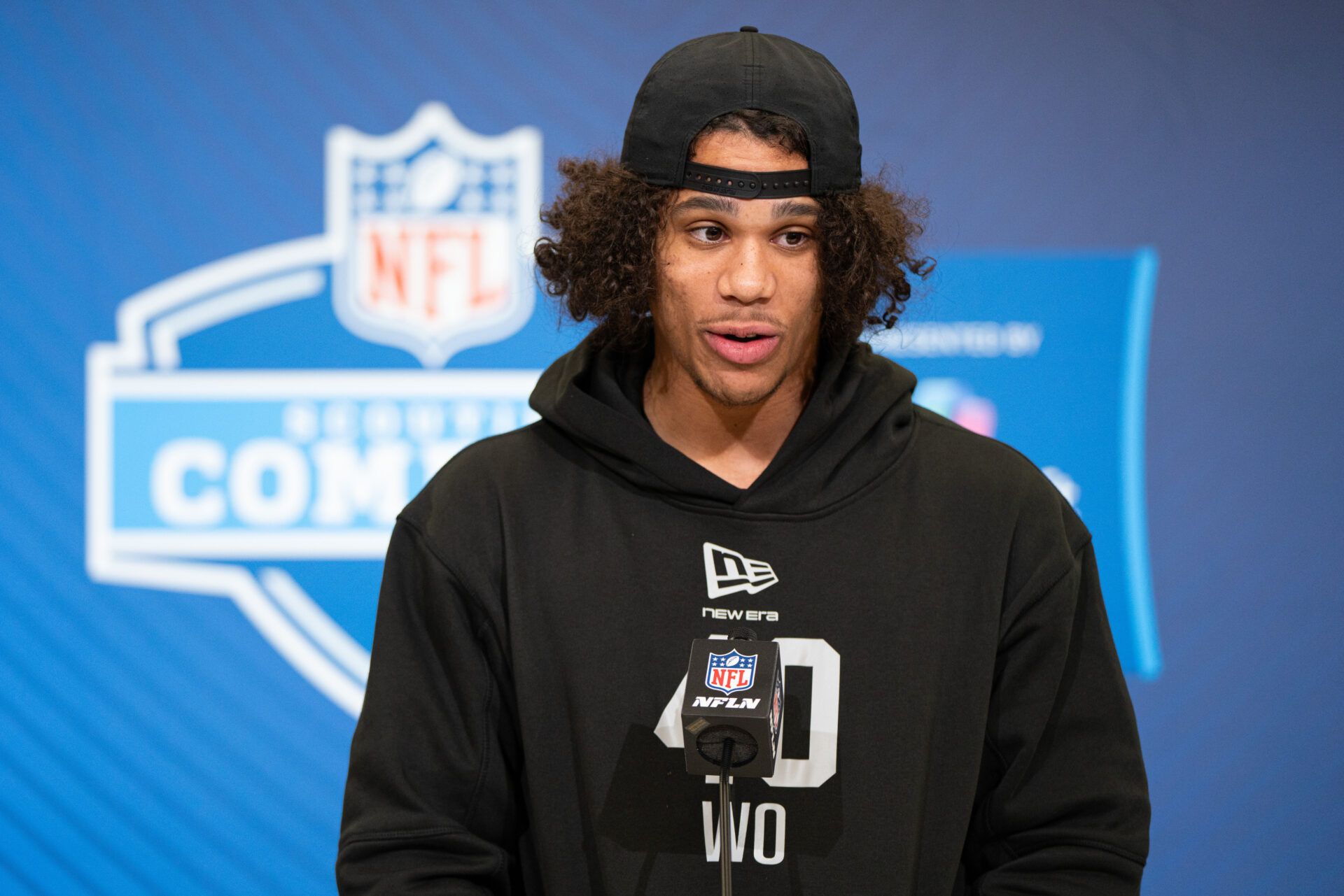 Arizona State wideout Jordyn Tyson (WO40) speaks to members of the media during the NFL Combine at the Indiana Convention Center.