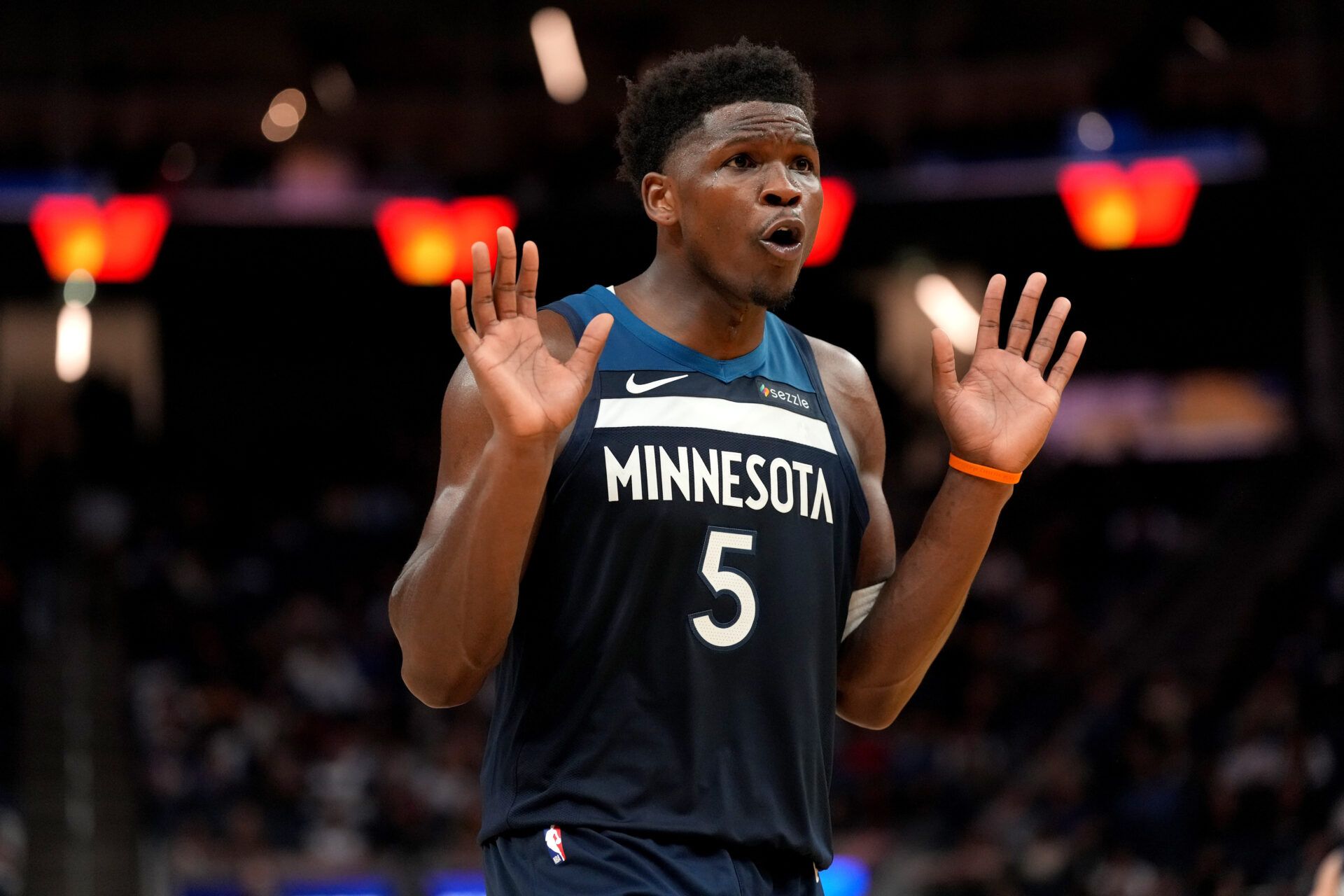 Minnesota Timberwolves guard Anthony Edwards (5) reacts after the Timberwolves were called for a foul against the Golden State Warriors in the fourth quarter at the Chase Center.