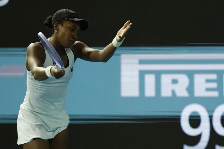 Coco Gauff (USA) reacts after missing a shot against Belinda Bencic (SUI) (not pictured) on day eight of the 2026 Miami Open at Hard Rock Stadium.
